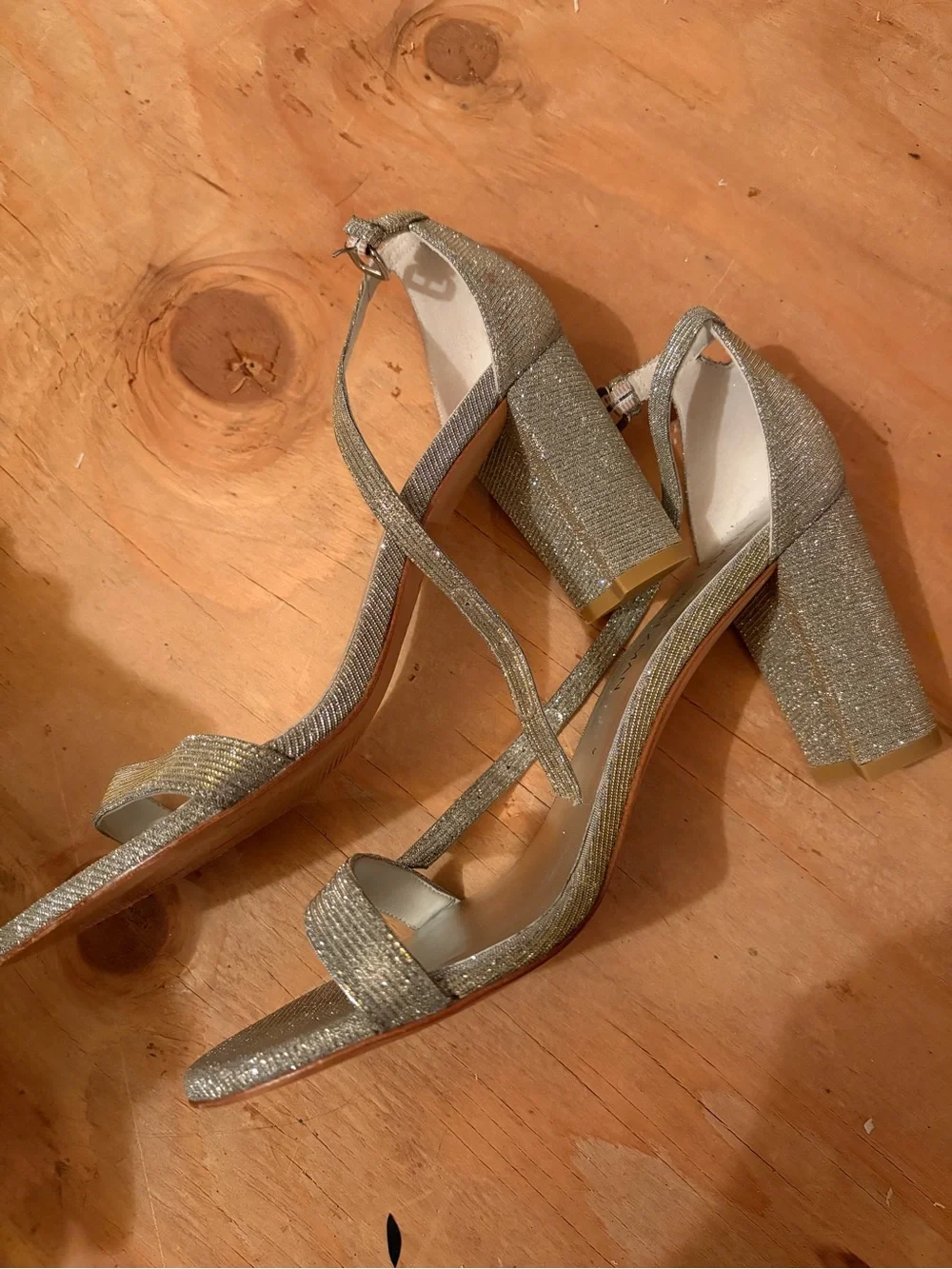 Stuart Weitzman Gold Glitter Block Heel Ankle-Strap Sandals